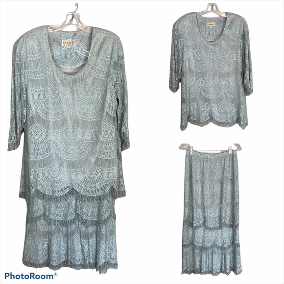 Vintage Damianou Mint Green Fringe Skirt Set Size Medium - Picture 1 of 14